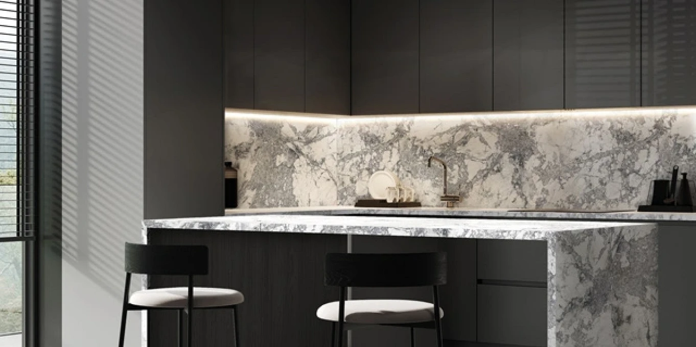 Elegancki bar z blatem Slim Line Biały Marmur Lodowy w połączeniu z płytą meblową Jesion Surfside Stalowy K526