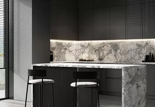 Elegancki bar z blatem Slim Line Biały Marmur Lodowy w połączeniu z płytą meblową Jesion Surfside Stalowy K526