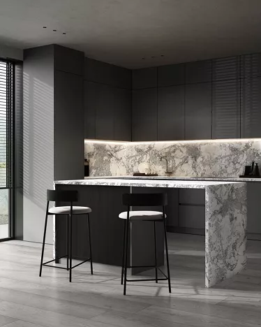 Elegancki bar z blatem Slim Line Biały Marmur Lodowy w połączeniu z płytą meblową Jesion Surfside Stalowy K526