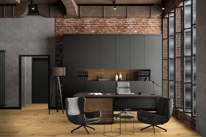 Płyta meblowa laminowana Dąb Silverjack Postarzany K545 połączona z Bazalt 0166 inspiracją do eleganckich gabinetów