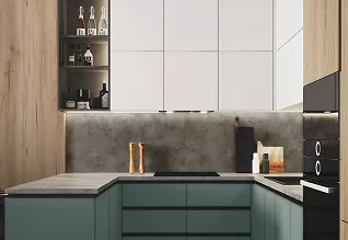 Nowoczesna miętowo-biała kuchnia, do której pasują panele podłogowe wodoodporne w kolorze Dąb Wigra