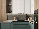 Nowoczesna miętowo-biała kuchnia, do której pasują panele podłogowe wodoodporne w kolorze Dąb Wigra
