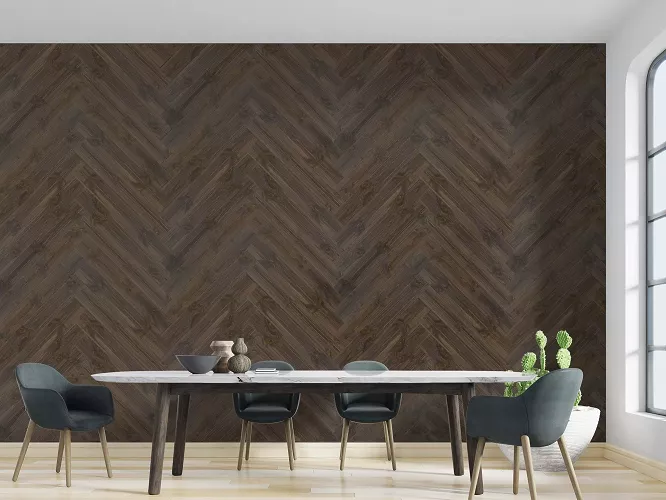 Surowy design jadalni z drewnianymi panelami ściennymi Quantum